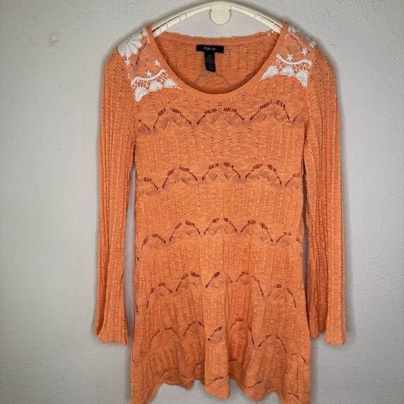 Style & Co. Crocheted Tunic Peach Lace Accents Long Sleeve Top Women’s Size Med - Picture 1 of 12